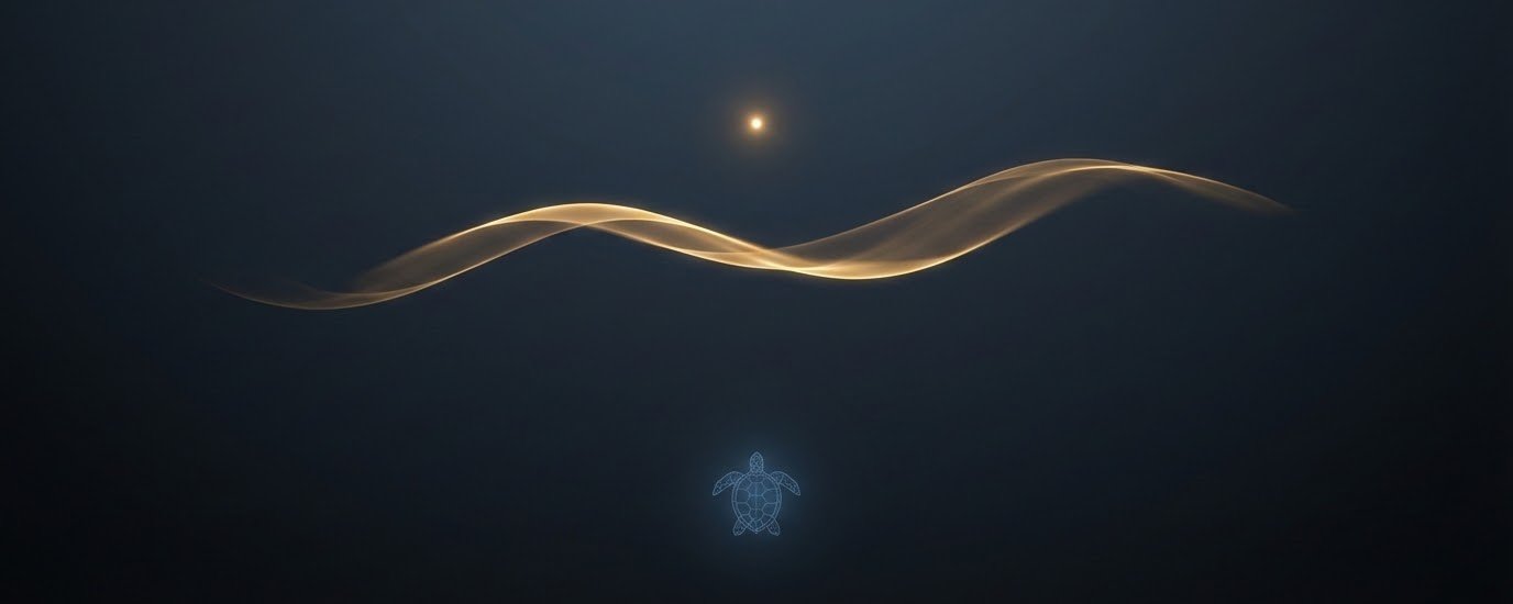 A luminous golden ribbon arcing across a deep blue void with a small moon above and a faint turtle silhouette below.