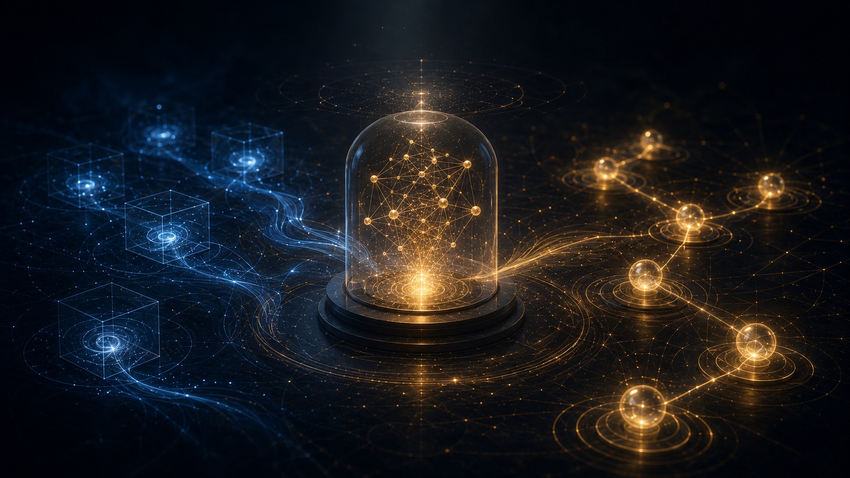 A glass bell jar holding a glowing golden network on a dark field — one bounded chamber under observation, flanked by blue wireframe cubes holding still on one side and free golden orbits moving on the other: one world moving against another held still.
