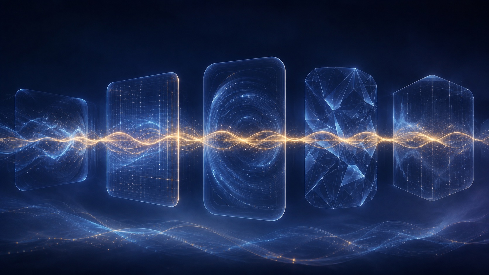 Five translucent chambers standing in a row on a dark field, each built differently inside — soft waves, a ruled grid, concentric rings, a faceted mesh, a wireframe shell — and one unbroken golden line passing through all five at the same height, bending inside each and arriving unchanged: the relationship that survived every environment.