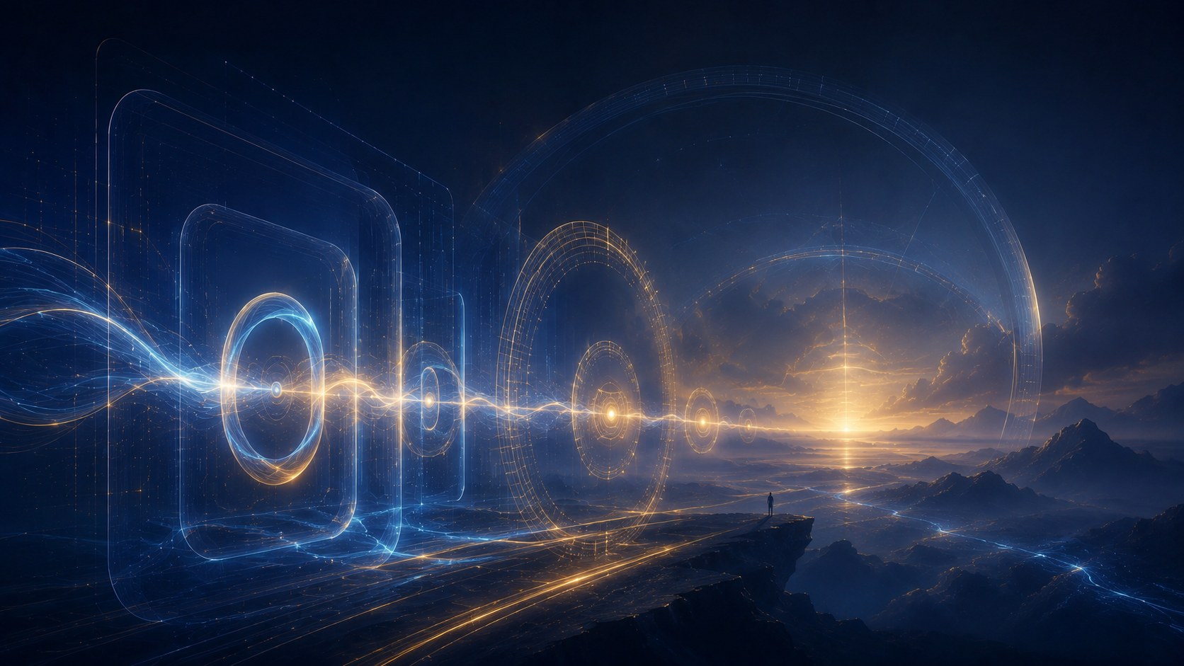 Luminous coupled rings strung along a single golden thread of light across a dark blue vista, with a small figure at the edge reading a distant horizon glow.