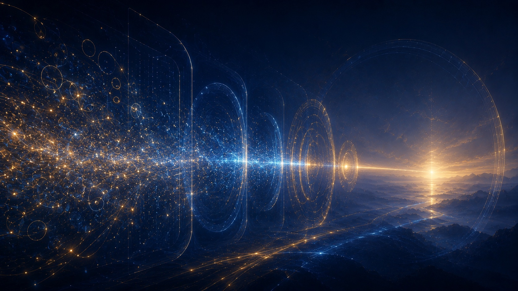 A chaotic field of golden and blue sparks streaming from the left, filtered through a series of luminous ring gates, converging into a single clean beam of light toward a bright horizon — infinite opinion, one calibrated verdict kept.