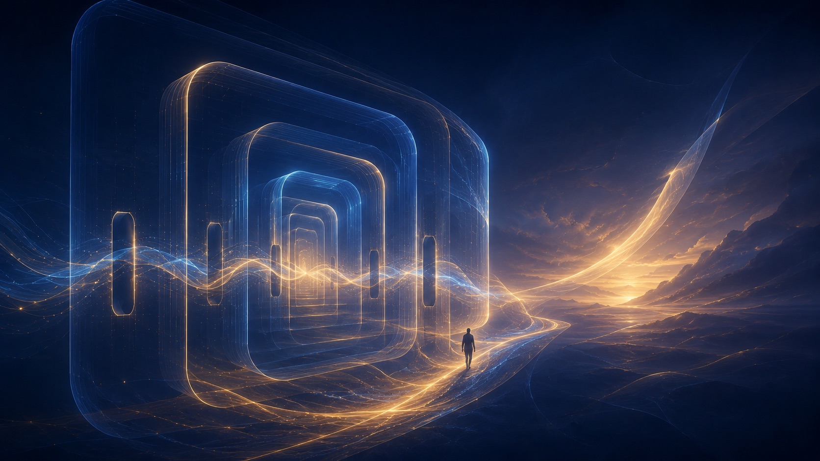 Concentric luminous blue frames receding into depth, a small figure standing at the threshold where a golden path arcs out across a dark plain.
