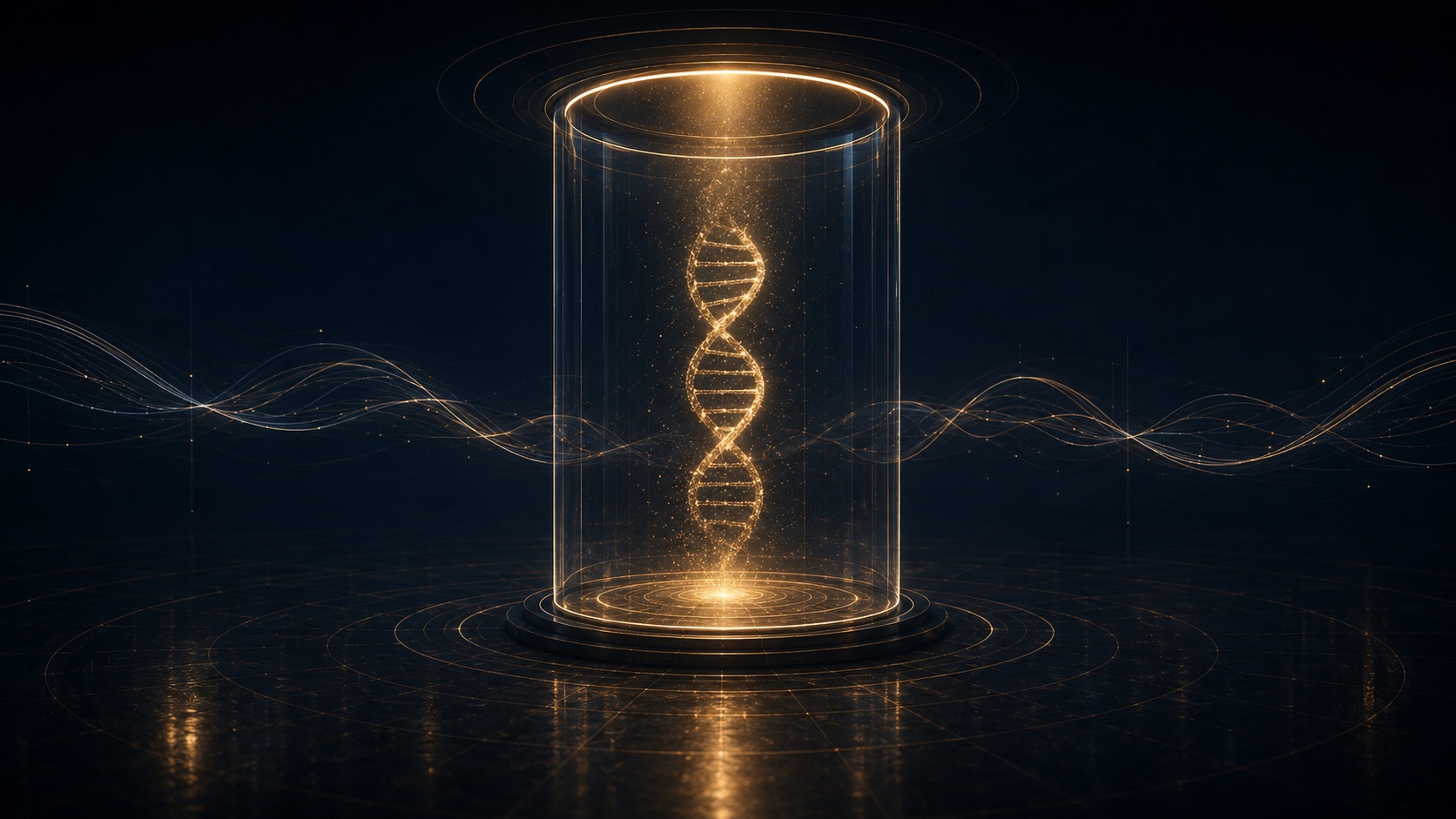 A golden double helix glowing inside a sealed transparent cylinder on a dark blue field, with luminous measurement waves passing through the vessel from outside — the specimen under glass, read by instruments its own hands can't reach.